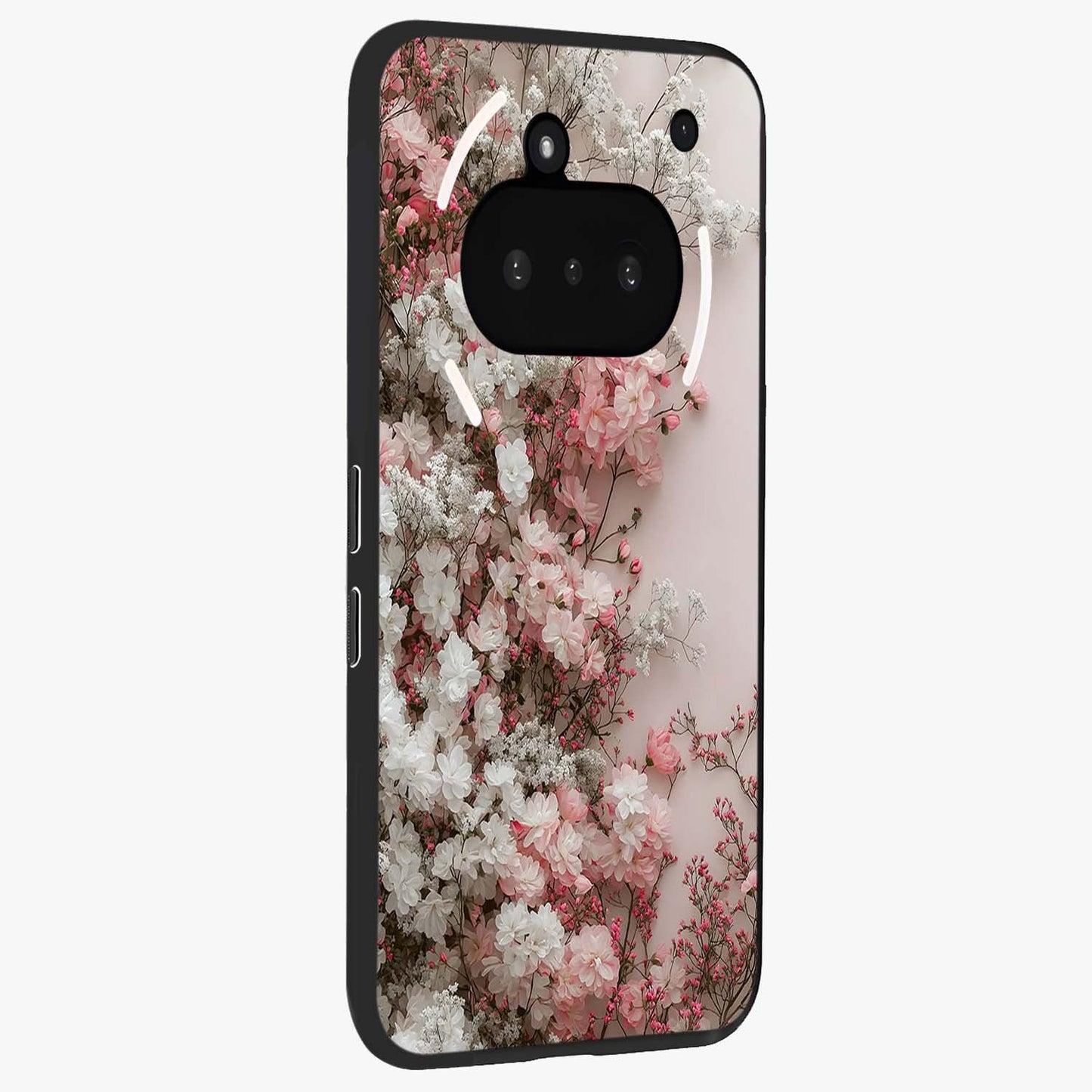 Blush Blossom Cloud Glass Case upright view showcasing calm floral cloud artwork with gentle dreamy theme.