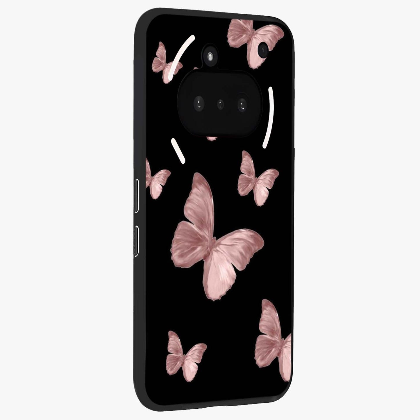 Butterfly Pattern Glass Case upright view showcasing graceful butterfly artwork with soft decorative theme.