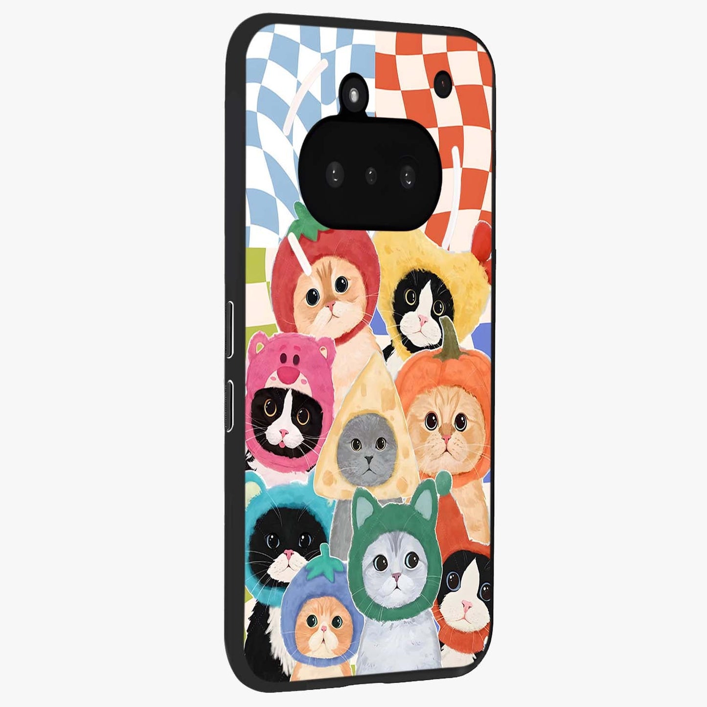 Cats in Fruits Glass Case upright view showcasing charming cat artwork with fun fruity theme.