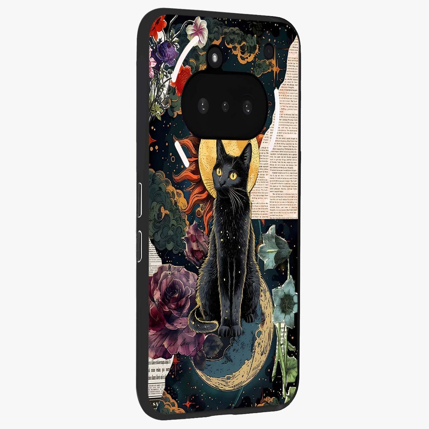 Celestial Black Cat Glass Case upright view showcasing magical black cat illustration with starry cosmic theme.