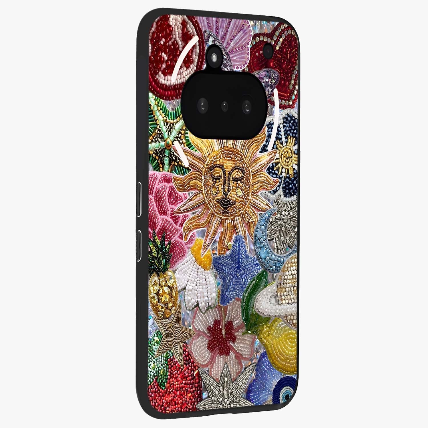 Celestial Floral and Playful Glass Case upright view showcasing whimsical floral artwork with cosmic aesthetic theme.