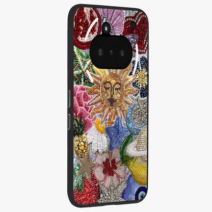 Celestial Floral and Playful Glass Case upright view showcasing whimsical floral artwork with cosmic aesthetic theme.