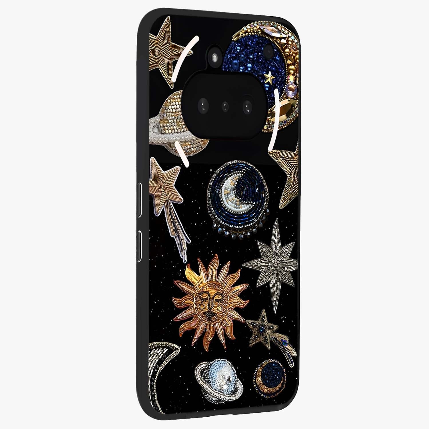 Celestial Gem Constellations Glass Case upright view showcasing cosmic constellation artwork with celestial aesthetic style.
