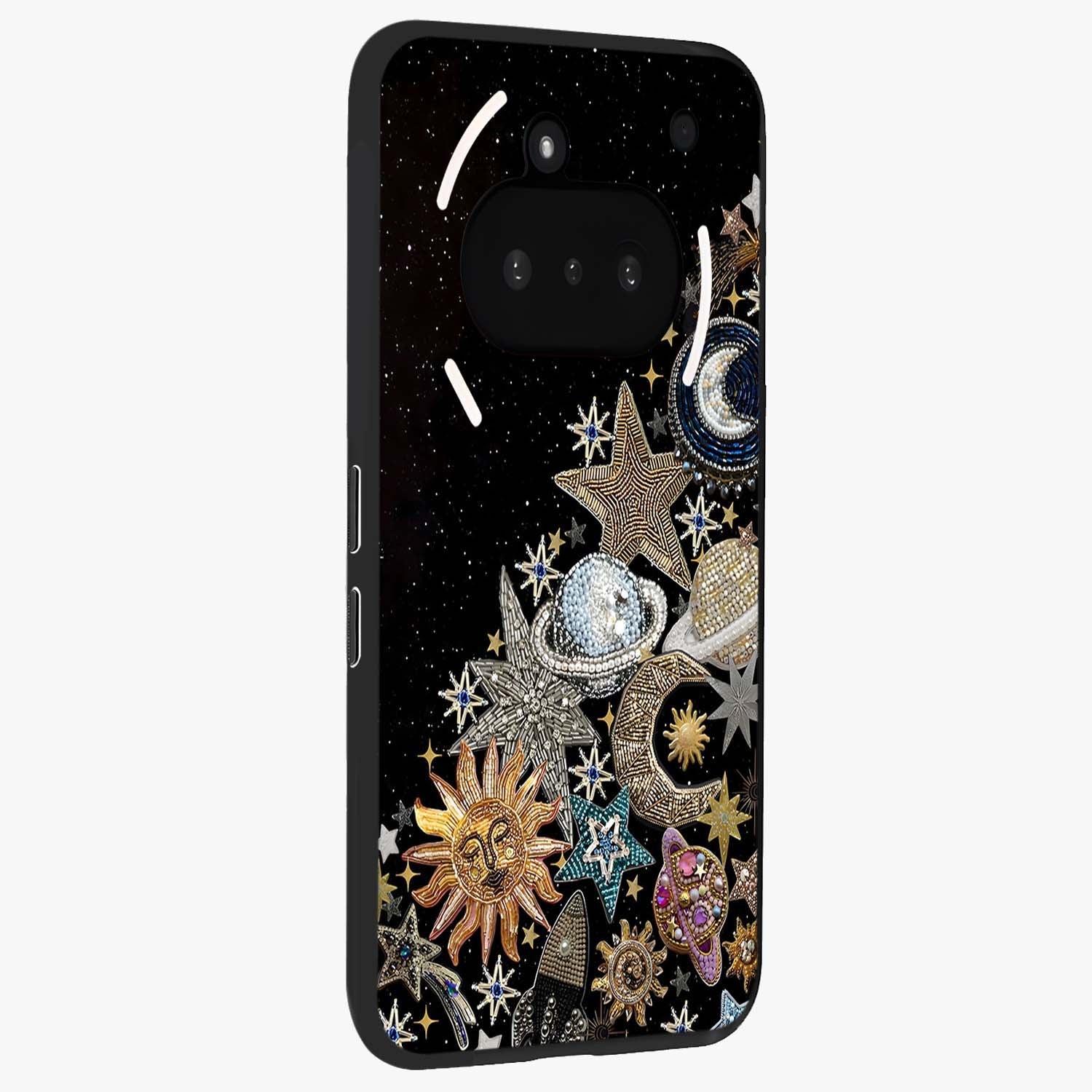 Cosmic Sparkle Dreams Glass Case upright view showcasing glowing cosmic artwork with magical galaxy theme.
