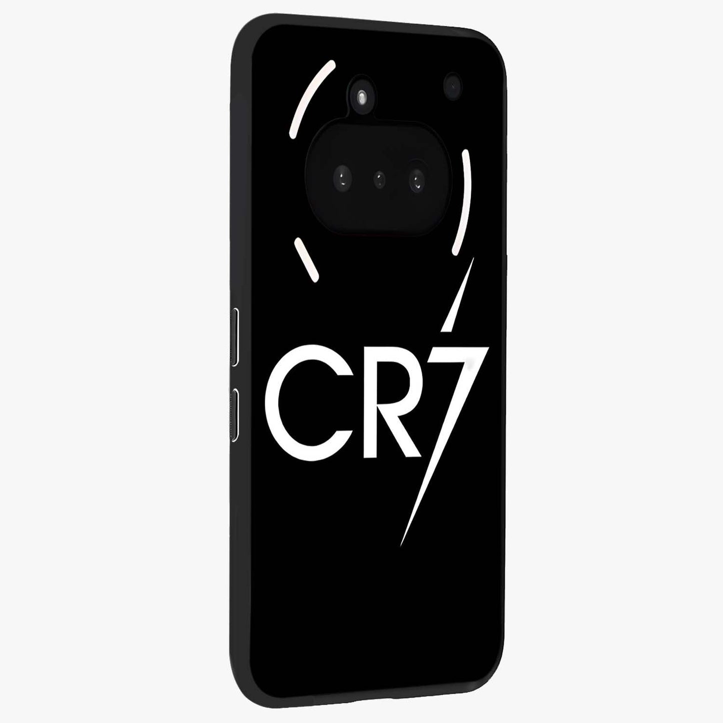 Cr7 Elite Strike Glass Case upright view showcasing energetic football inspired design with modern sports aesthetic.