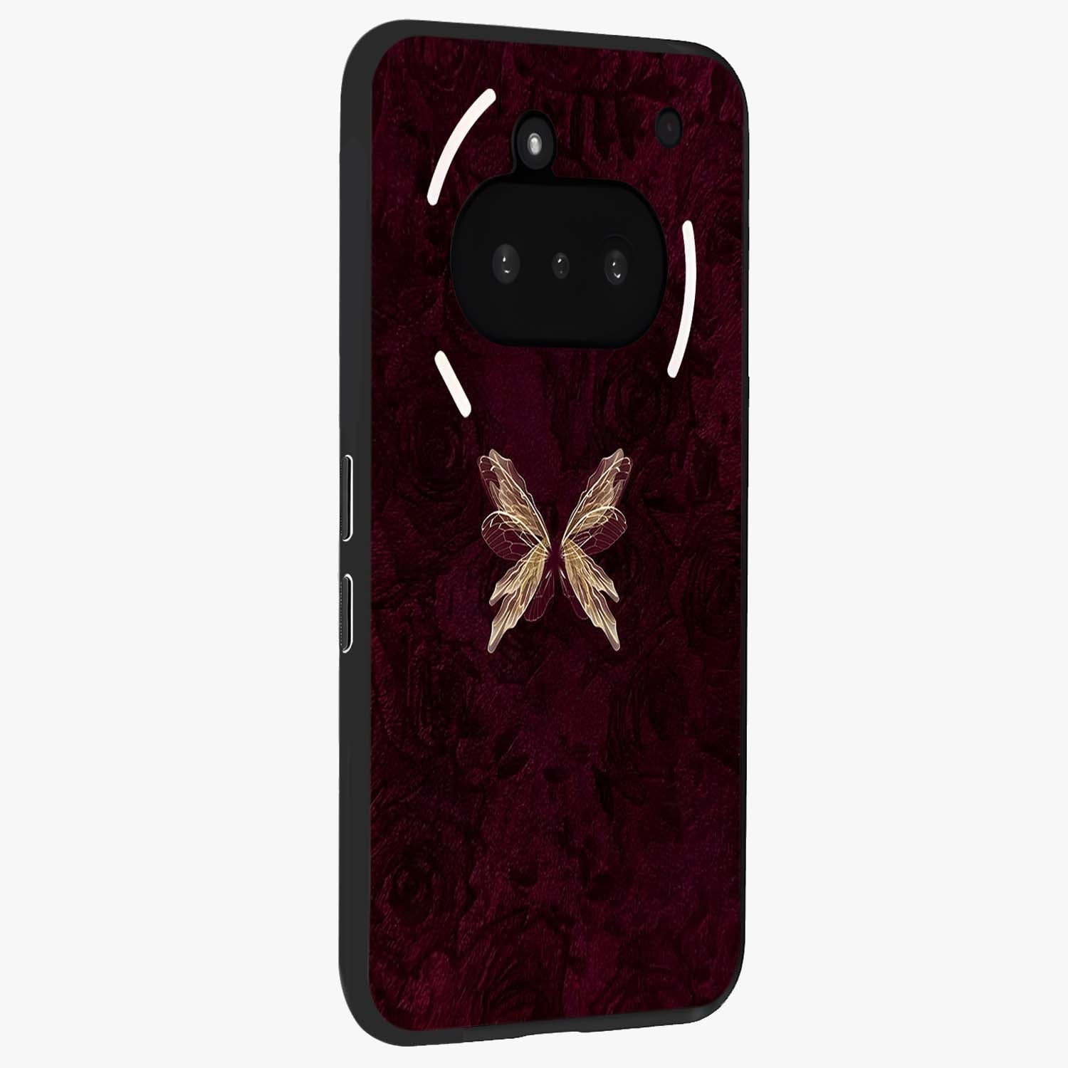 Crimson Fade Butterfly Glass Case upright view showcasing graceful butterfly artwork with soft crimson fade effect.