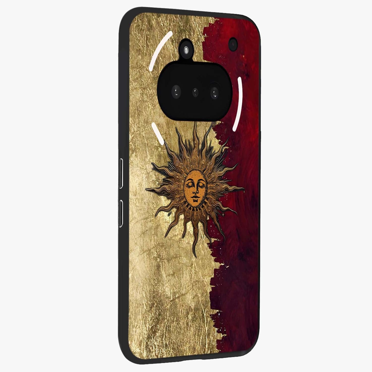 Crimson Sun Majesty Glass Case upright view showcasing vibrant sun artwork with powerful celestial theme.