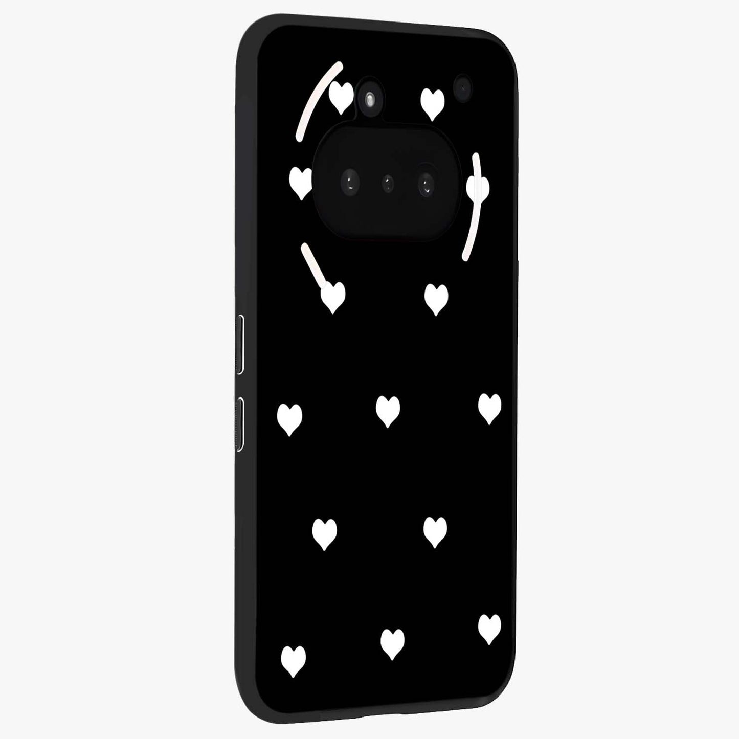 Cute And Simple White Hearts Glass Case upright view showcasing simple white hearts artwork with soft minimal theme.