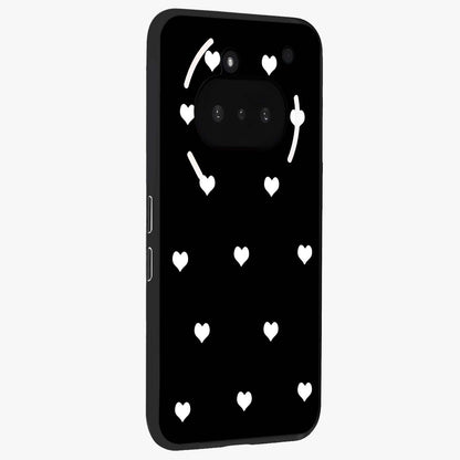 Cute And Simple White Hearts Glass Case upright view showcasing simple white hearts artwork with soft minimal theme.