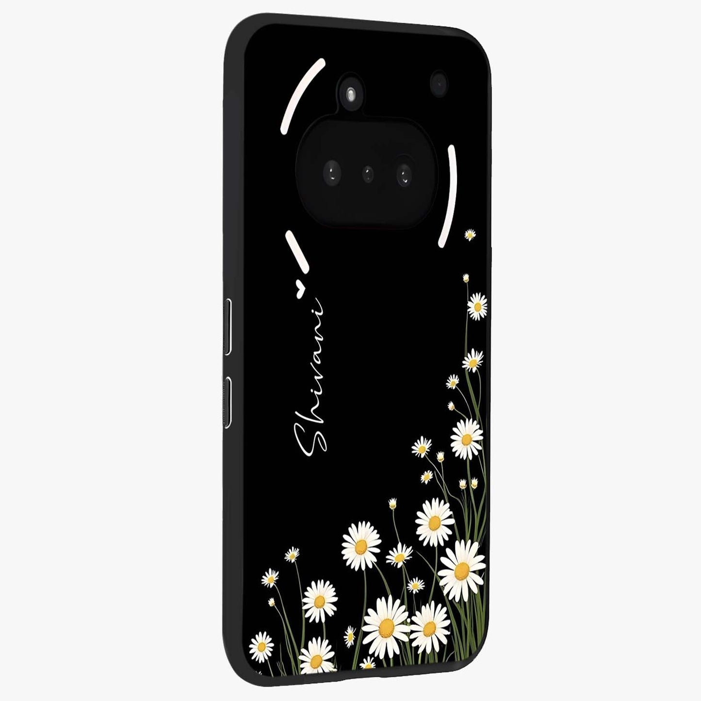Daisy Cascade Custom Name Glass Case upright view showcasing elegant floral cascade design with personalized aesthetic.