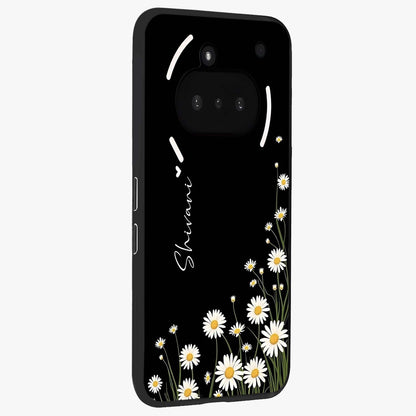 Daisy Cascade Custom Name Glass Case upright view showcasing elegant floral cascade design with personalized aesthetic.