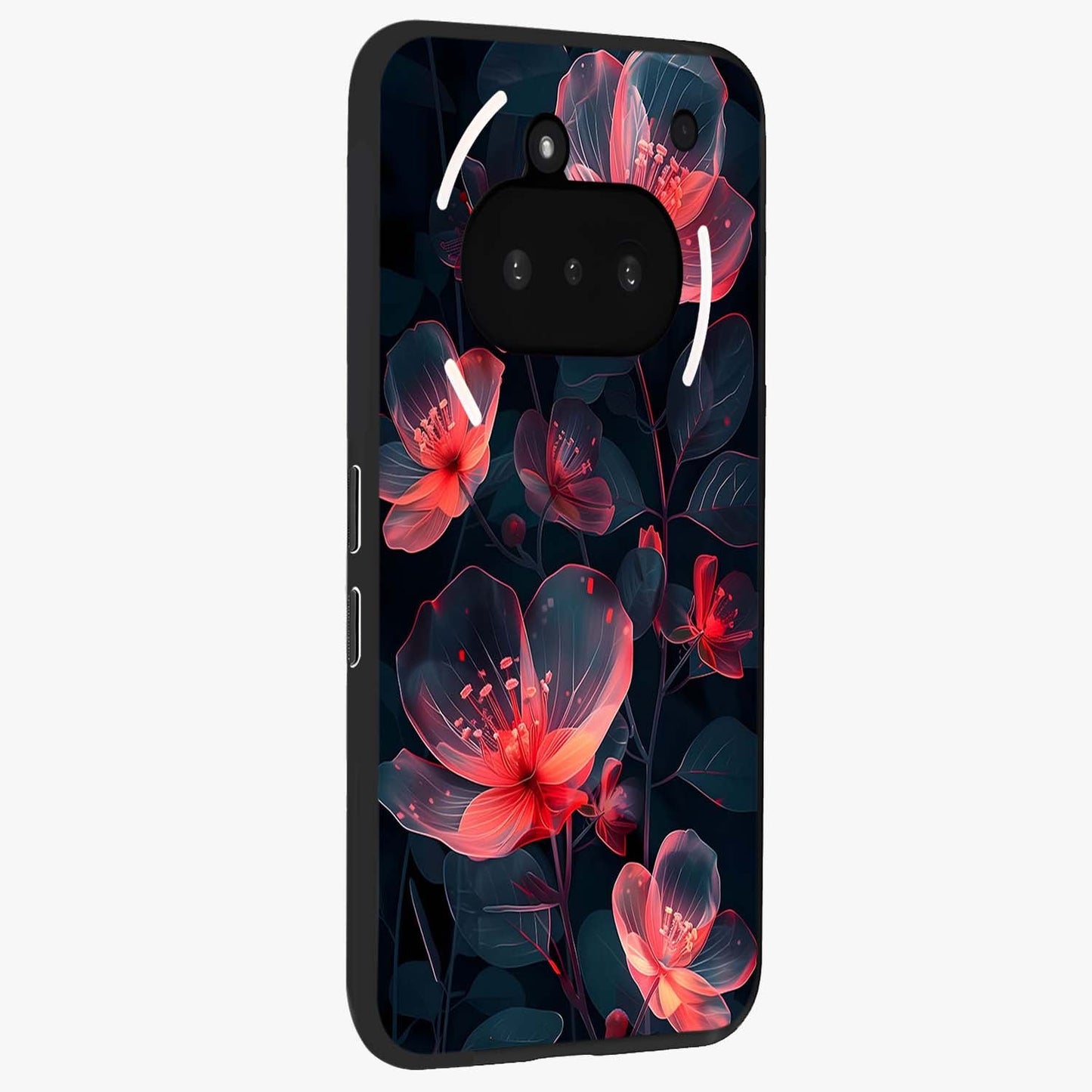 Dark Shade of Flower Glass Case upright view showcasing delicate flower artwork with rich dark floral theme.