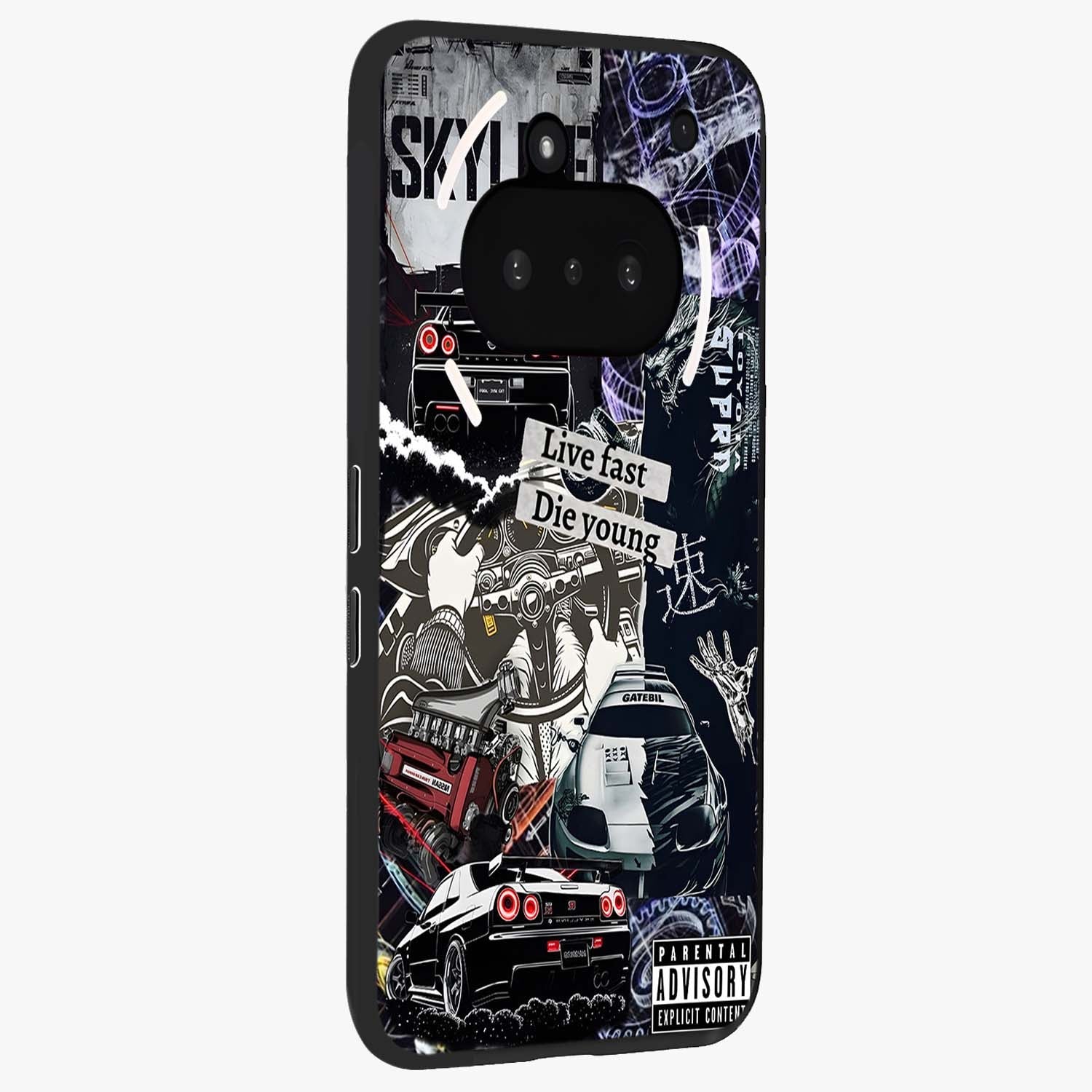 Die Young Glass Case upright view showcasing striking typography artwork with modern statement theme.