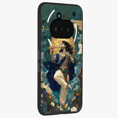 Divine Krishna Art Glass Case upright view showcasing divine Krishna artwork with sacred artistic theme.