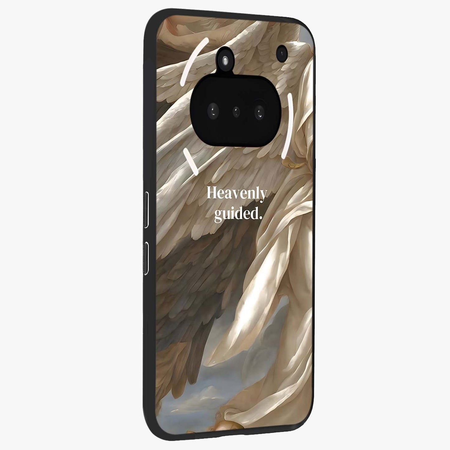 Divine Winged Grace Glass Case upright view showcasing spiritual wing artwork with soft celestial theme.