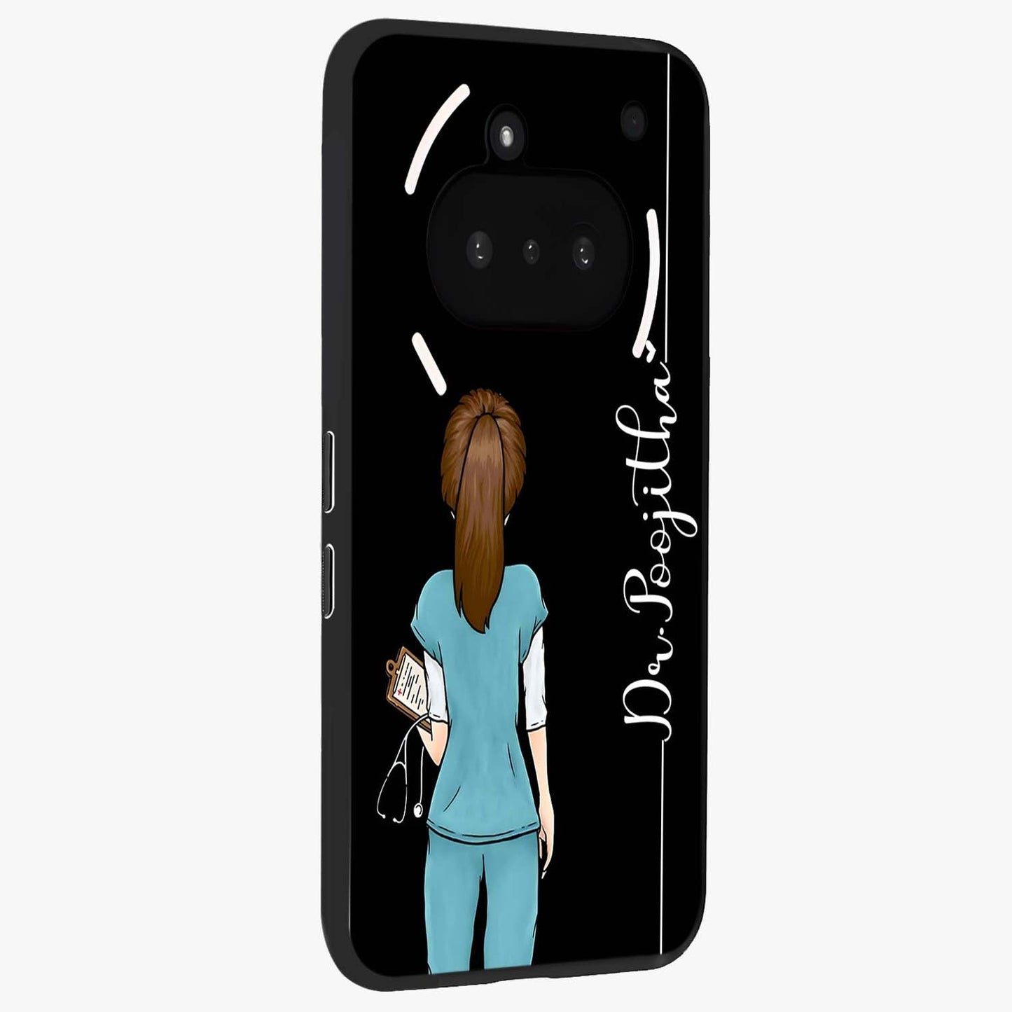 Doctor Pattern Custom Name Glass Case upright view showcasing healthcare themed design with personalized aesthetic.