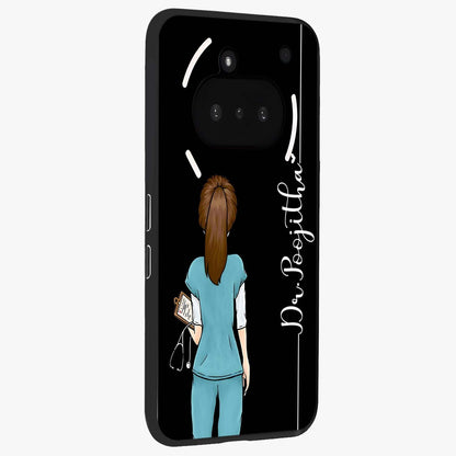 Doctor Pattern Custom Name Glass Case upright view showcasing healthcare themed design with personalized aesthetic.