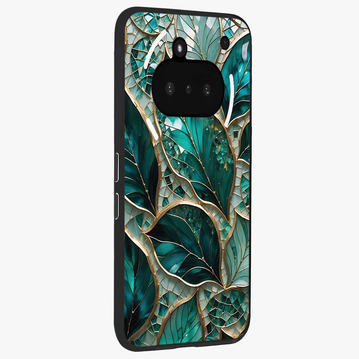 Emerald Leaf Glass Glass Case upright view showcasing fresh green leaf artwork with calming nature inspired style.