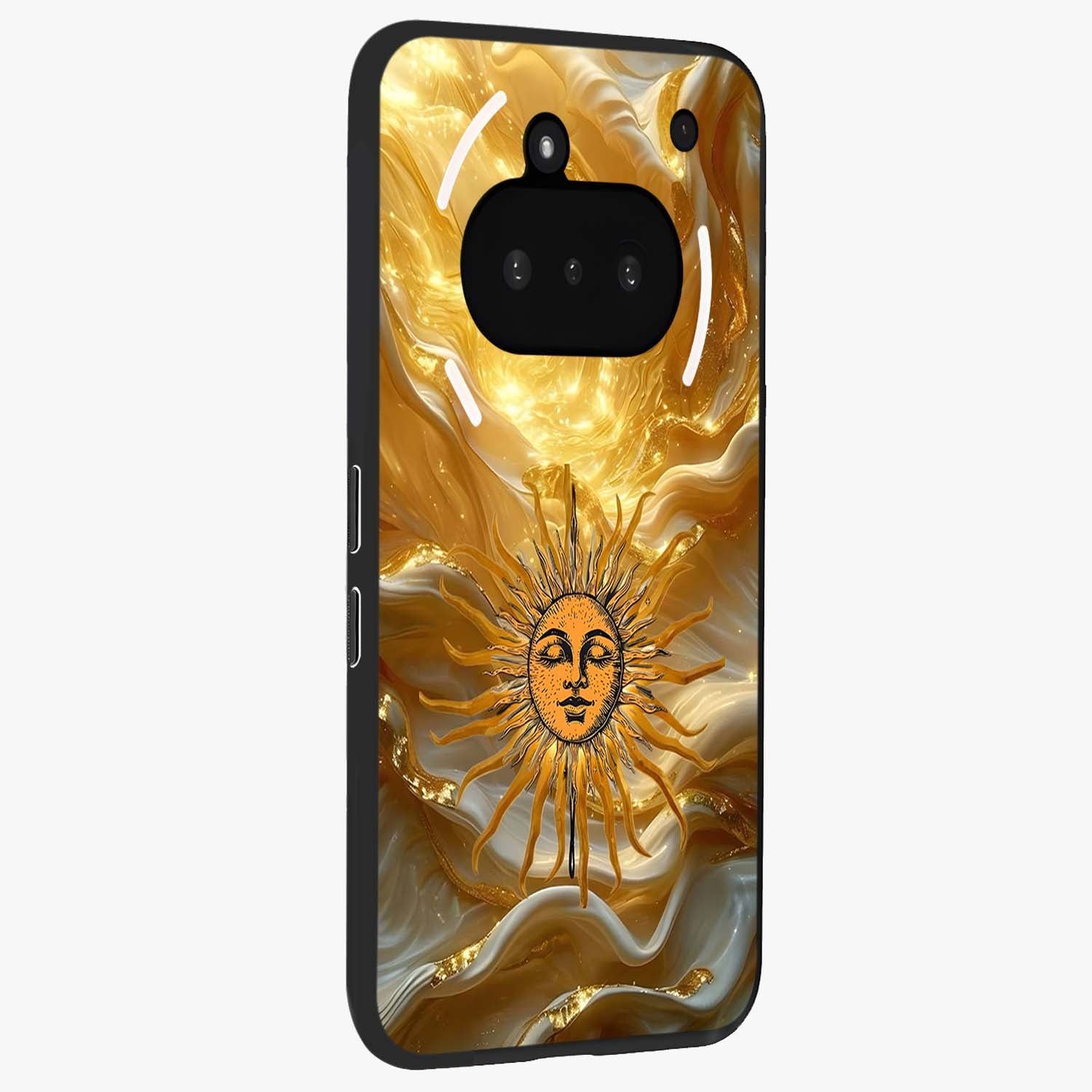 Eternal Golden Glow Glass Case upright view showcasing luminous golden artwork with luxurious visual theme.