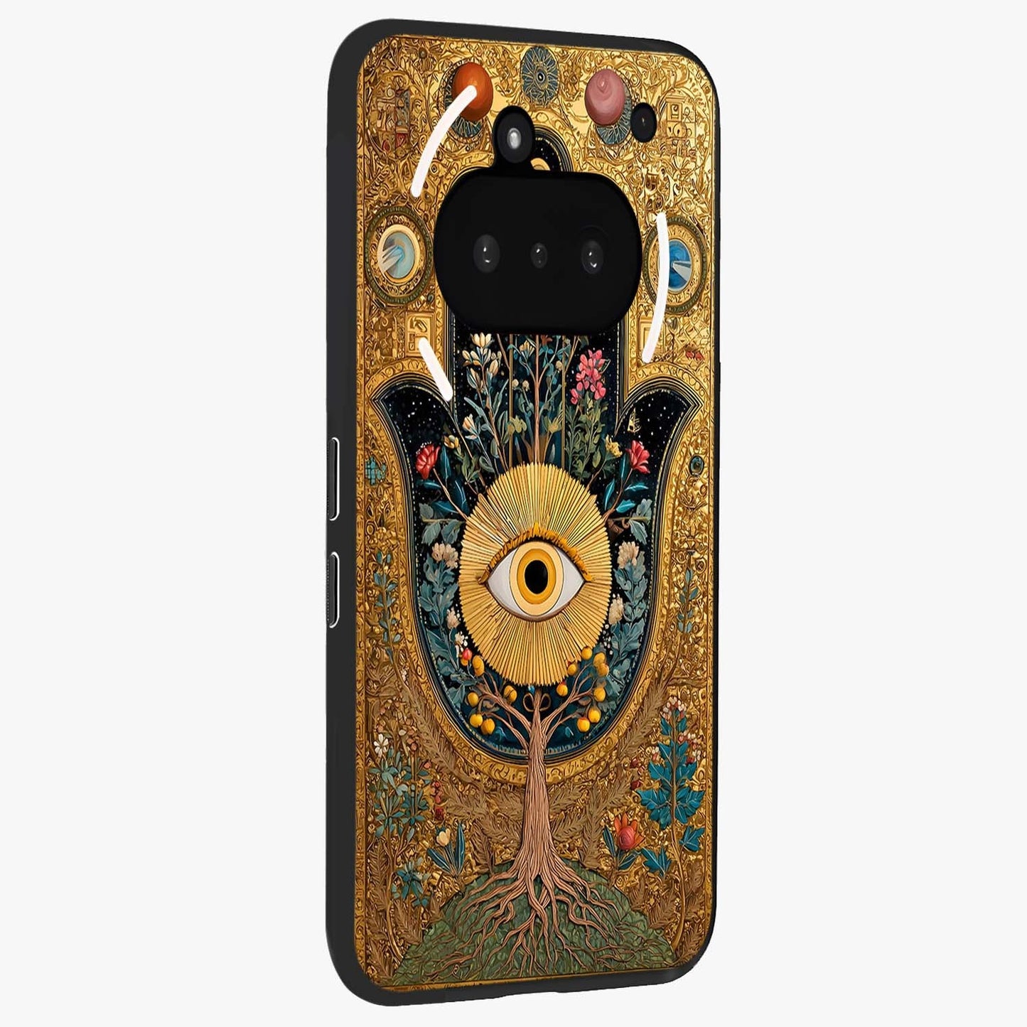 Ethereal Evil Eye Glass Case upright view showcasing celestial evil eye artwork with mystical theme.