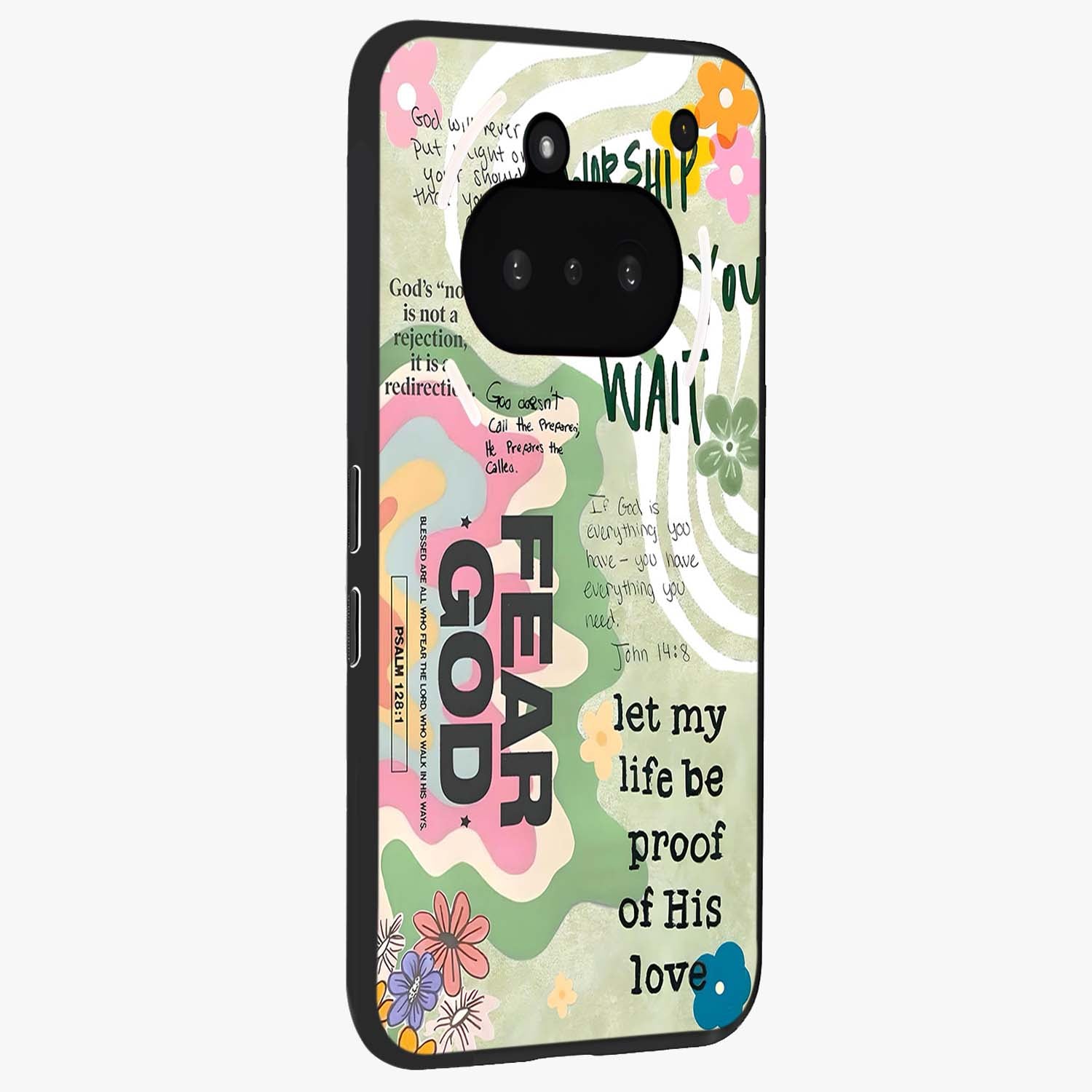 Faith Over Fear Glass Case upright view showcasing bold typography artwork with uplifting motivational theme.
