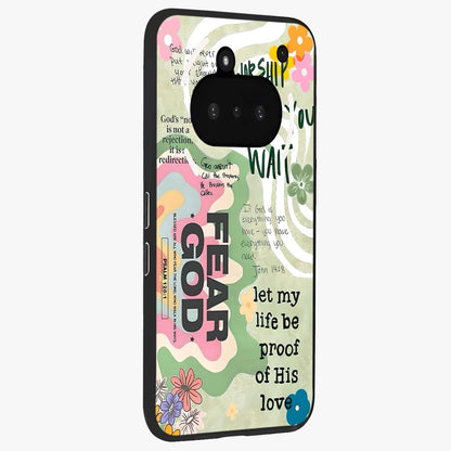 Faith Over Fear Glass Case upright view showcasing bold typography artwork with uplifting motivational theme.