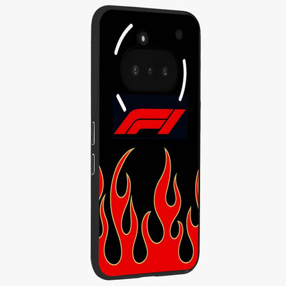 Fire F11 Glass Case upright view showcasing dynamic flame artwork with intense visual theme.
