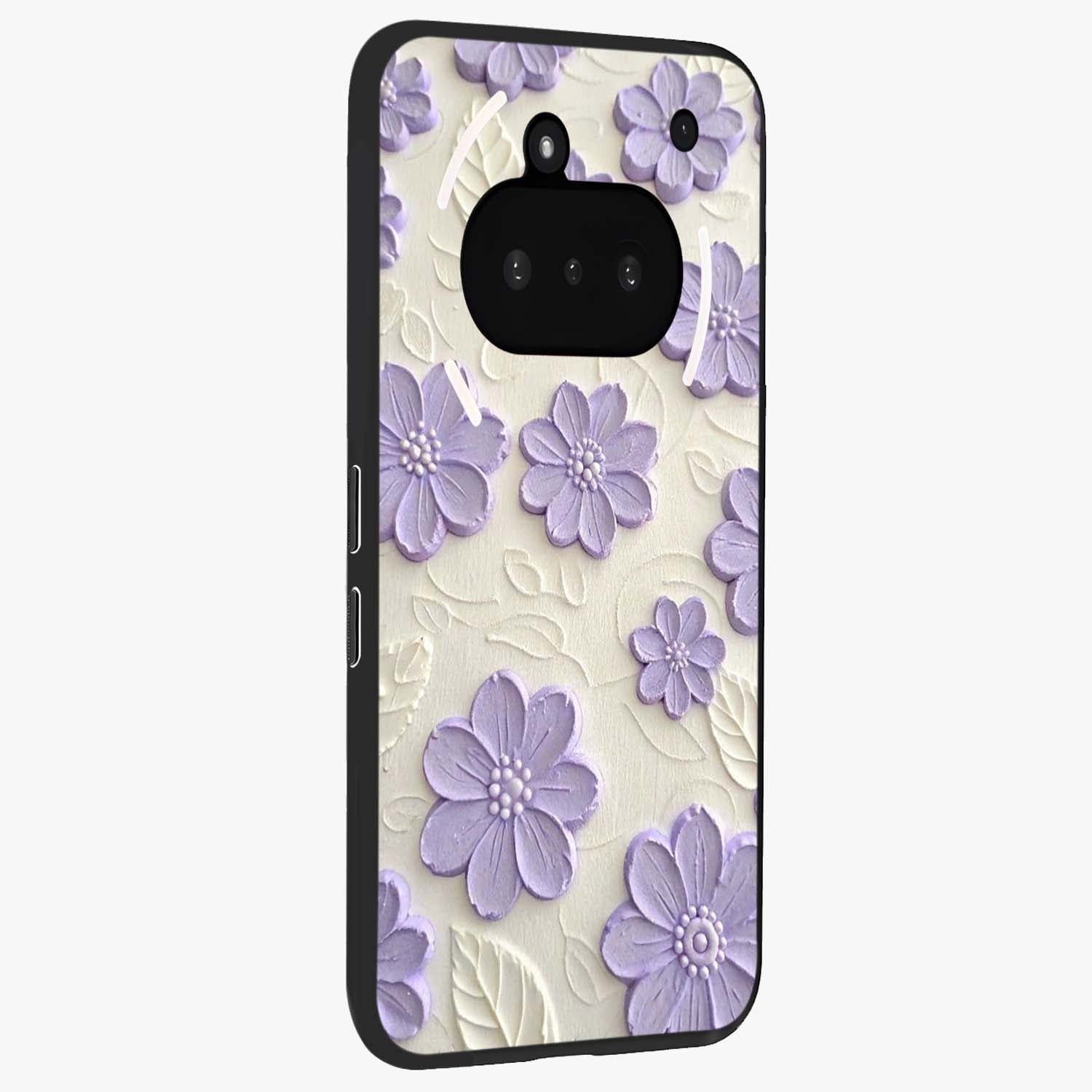 Floral Wall Art With Purple Flowers Glass Case upright view showcasing elegant purple flower artwork with decorative floral theme.
