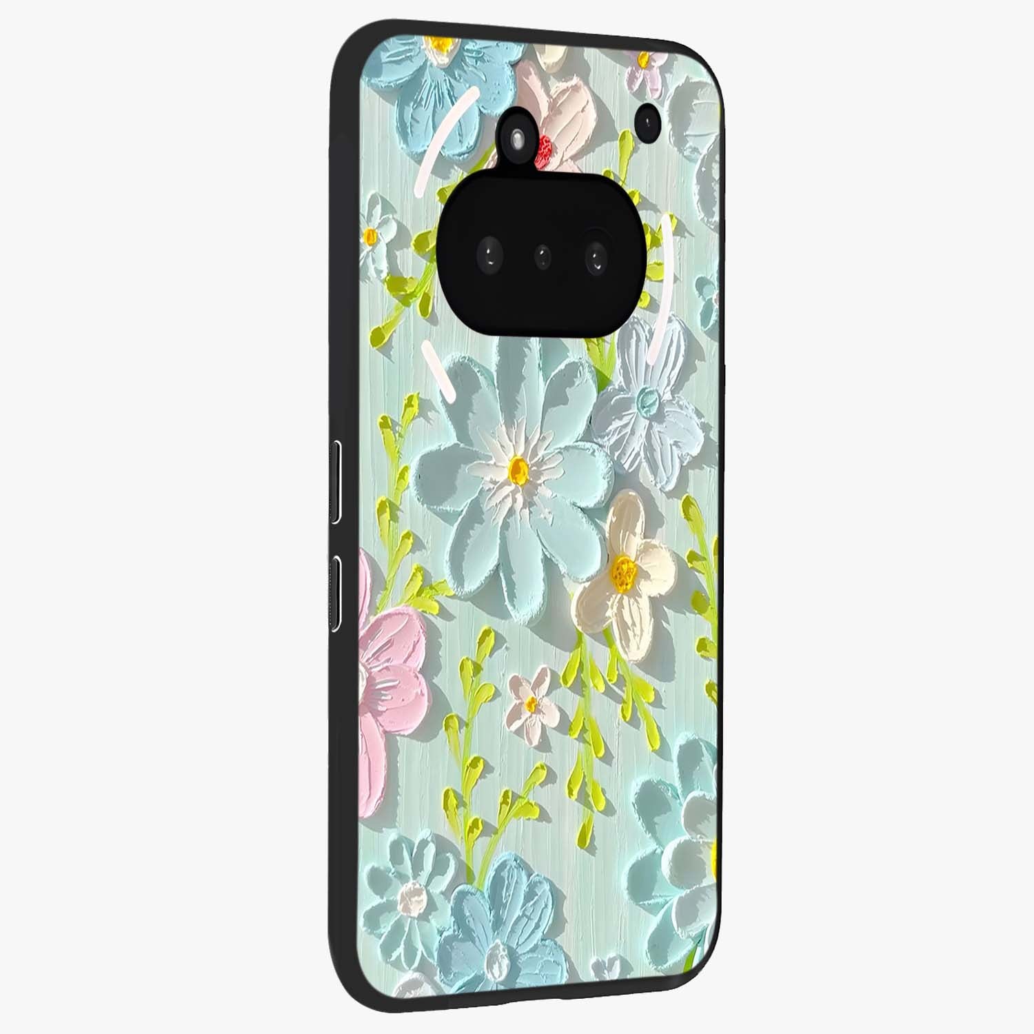 Frosted Petal Garden Glass Case upright view showcasing elegant floral garden artwork with soothing pastel theme.