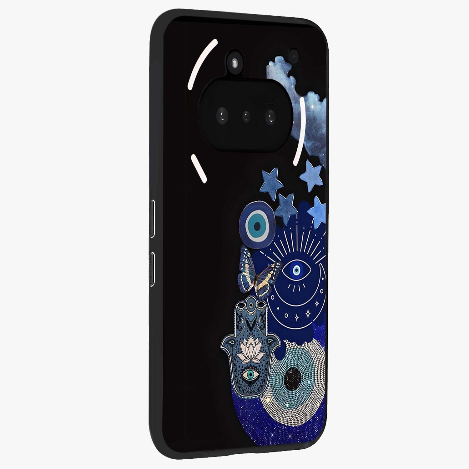 Galactic Charm Cluster Glass Case upright view showcasing glowing cosmic charm artwork with magical celestial style.