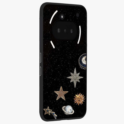 Galactic Charm Glow Glass Case upright view showcasing glowing cosmic charm artwork with magical celestial style.