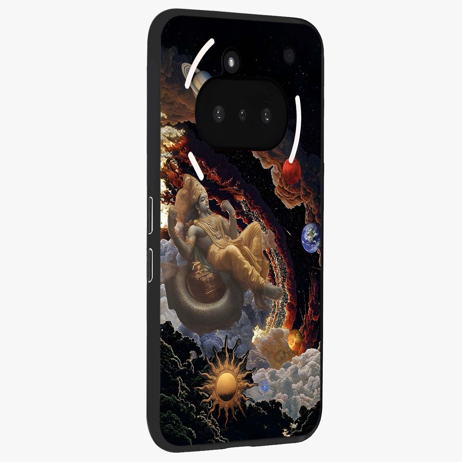 Galactic Divine God Glass Case upright view showcasing mystical divine artwork with dramatic cosmic theme.
