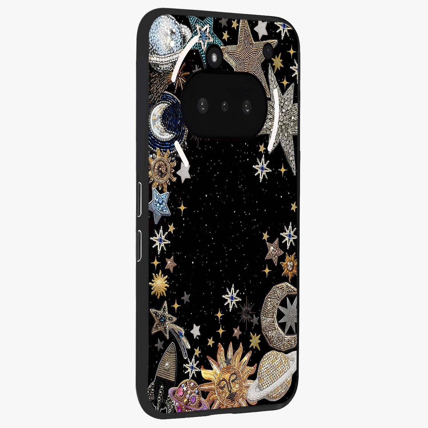 Galactic Jewel Stars Glass Case upright view showcasing glittering star jewel artwork with vibrant galaxy theme.