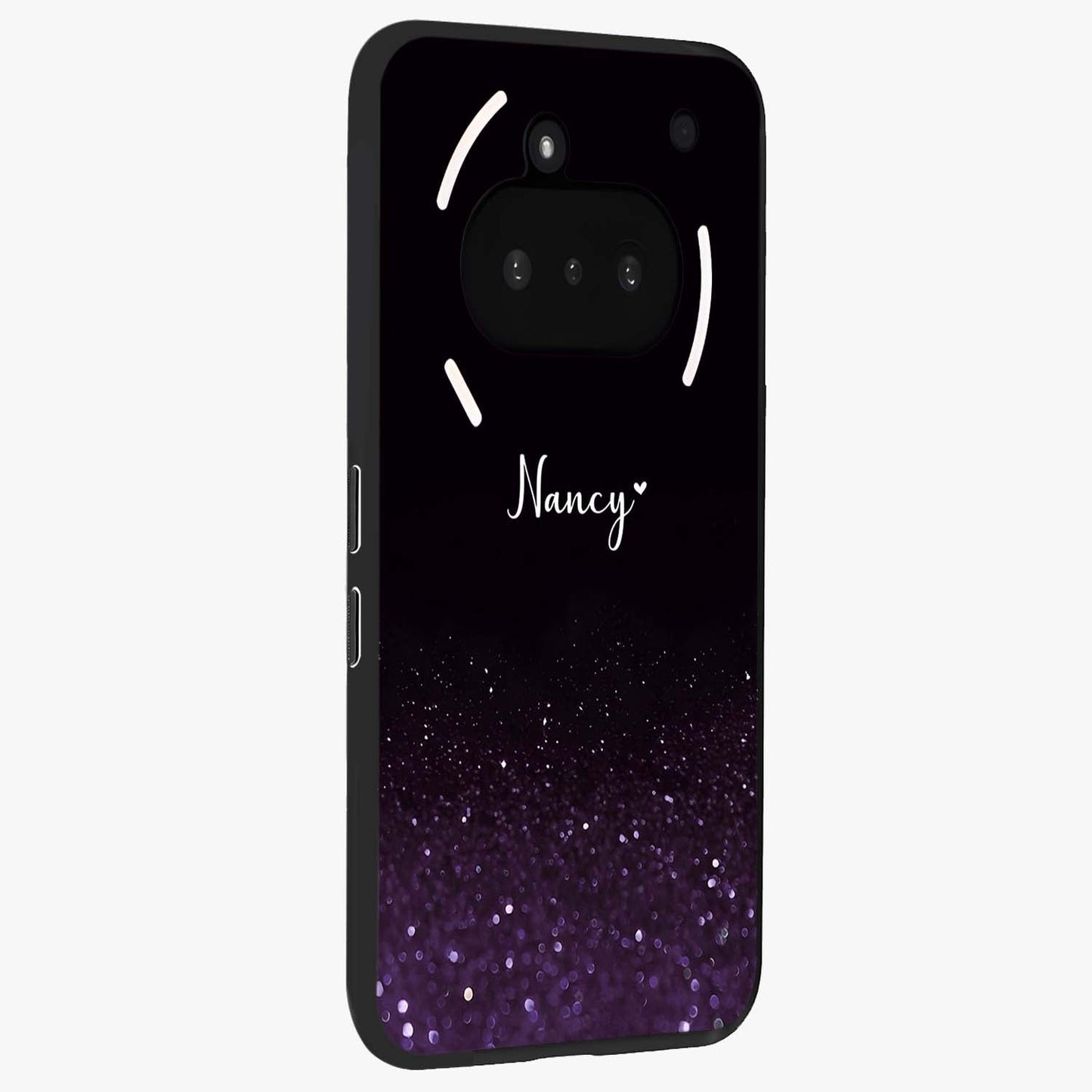 Glittery Purple Bokeh Custom Name Glass Case upright view showcasing vibrant purple sparkle artwork with personalized aesthetic style.