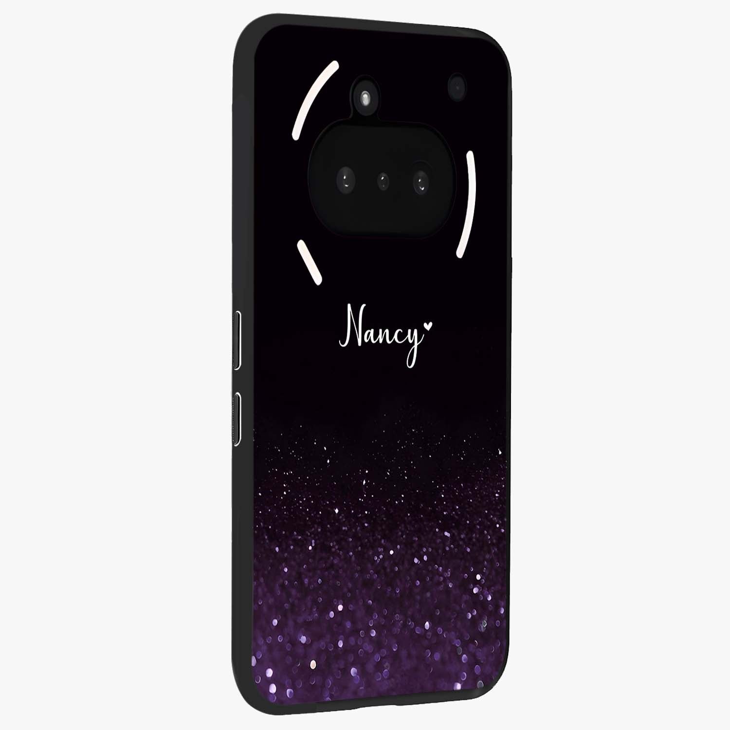Glittery Purple Bokeh Custom Name Glass Case upright view showcasing vibrant purple sparkle artwork with personalized aesthetic style.