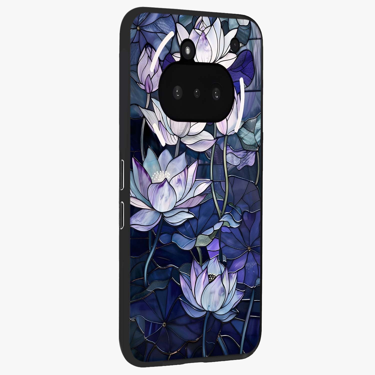 Gloss Petal Rush Glass Case upright view showcasing dynamic floral petal artwork with modern botanical theme.