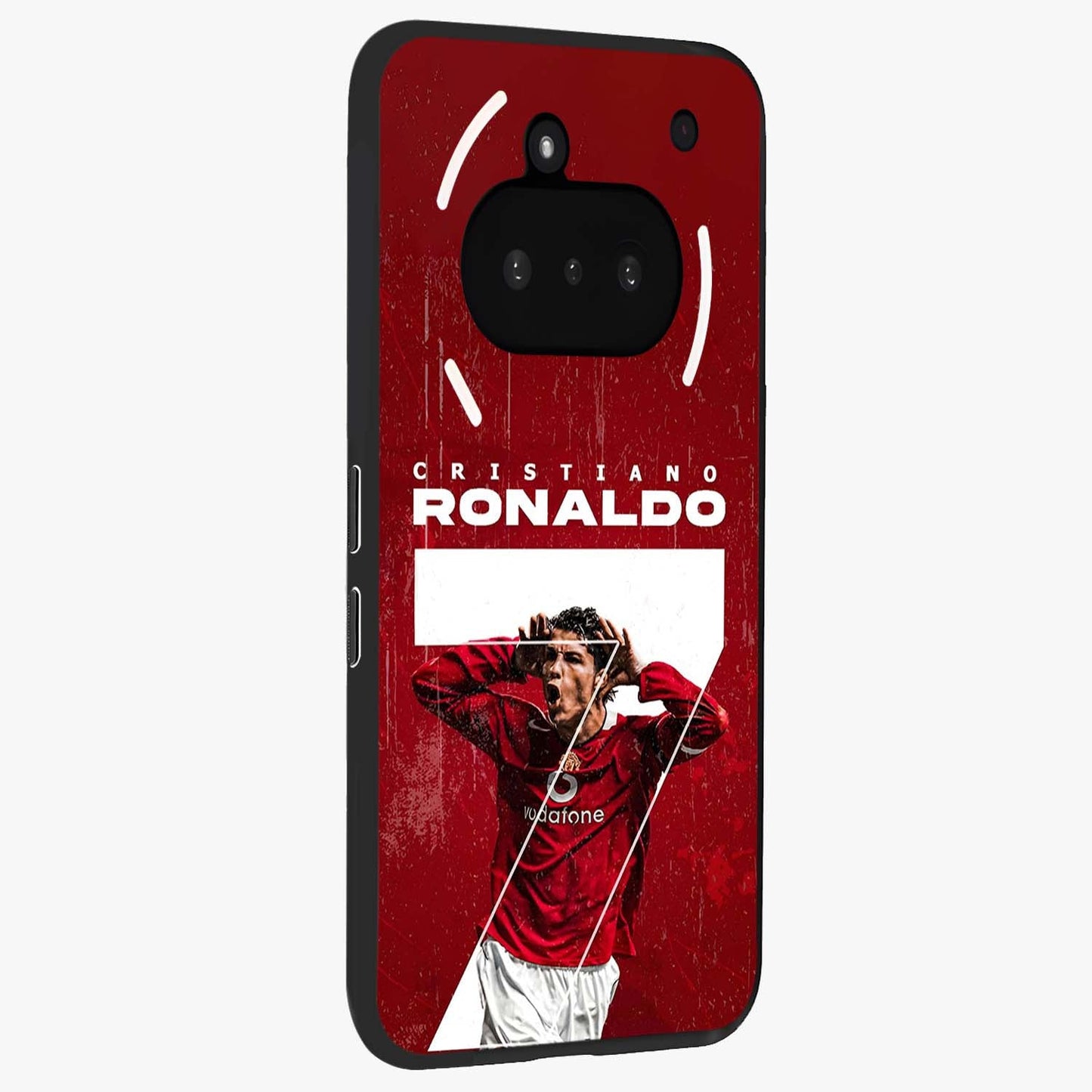 Goal Celebration Legacy Glass Case upright view showcasing dynamic football inspired artwork with victory celebration aesthetic.