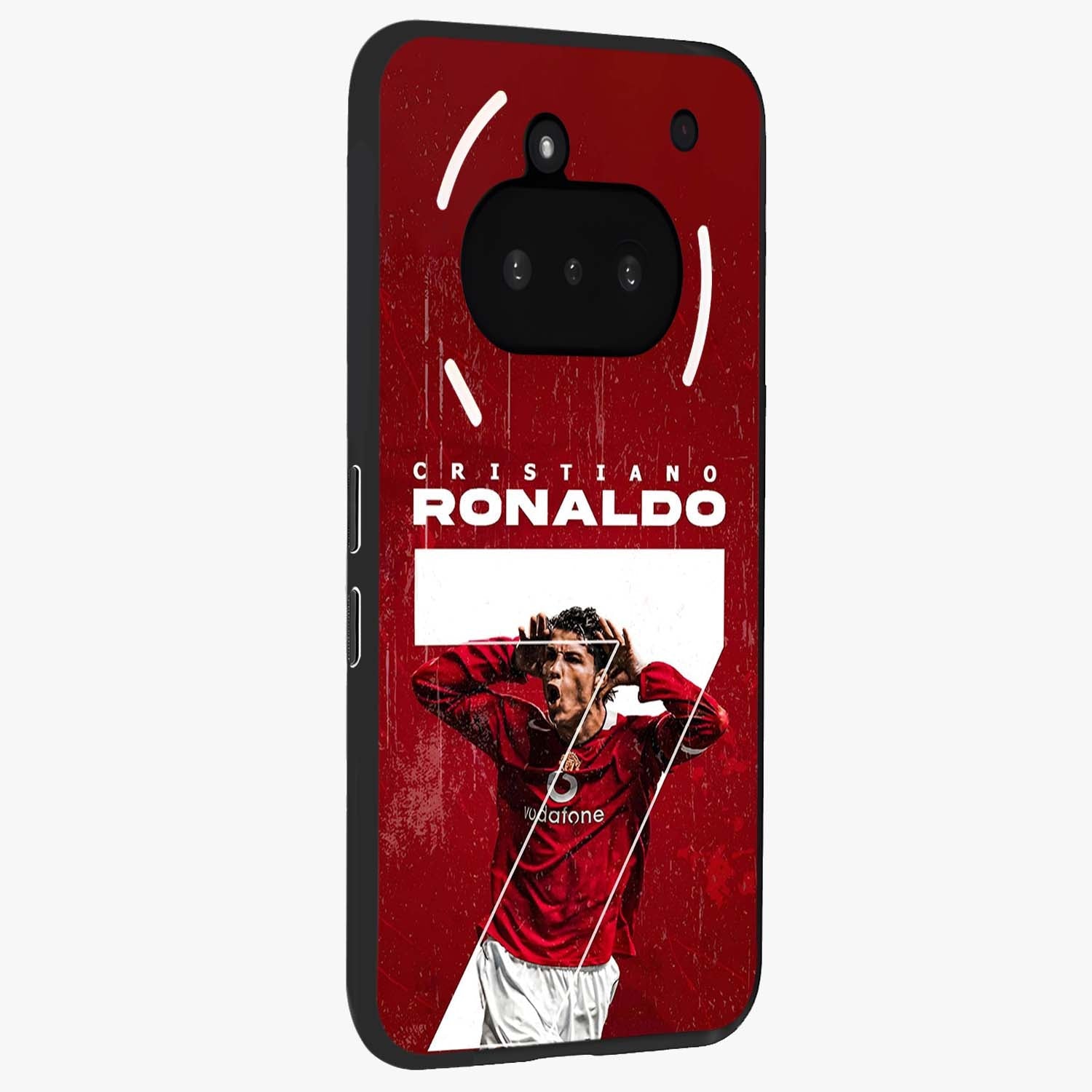 Goal Celebration Legacy Glass Case upright view showcasing dynamic football inspired artwork with victory celebration aesthetic.