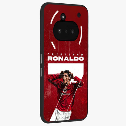 Goal Celebration Legacy Glass Case upright view showcasing dynamic football inspired artwork with victory celebration aesthetic.