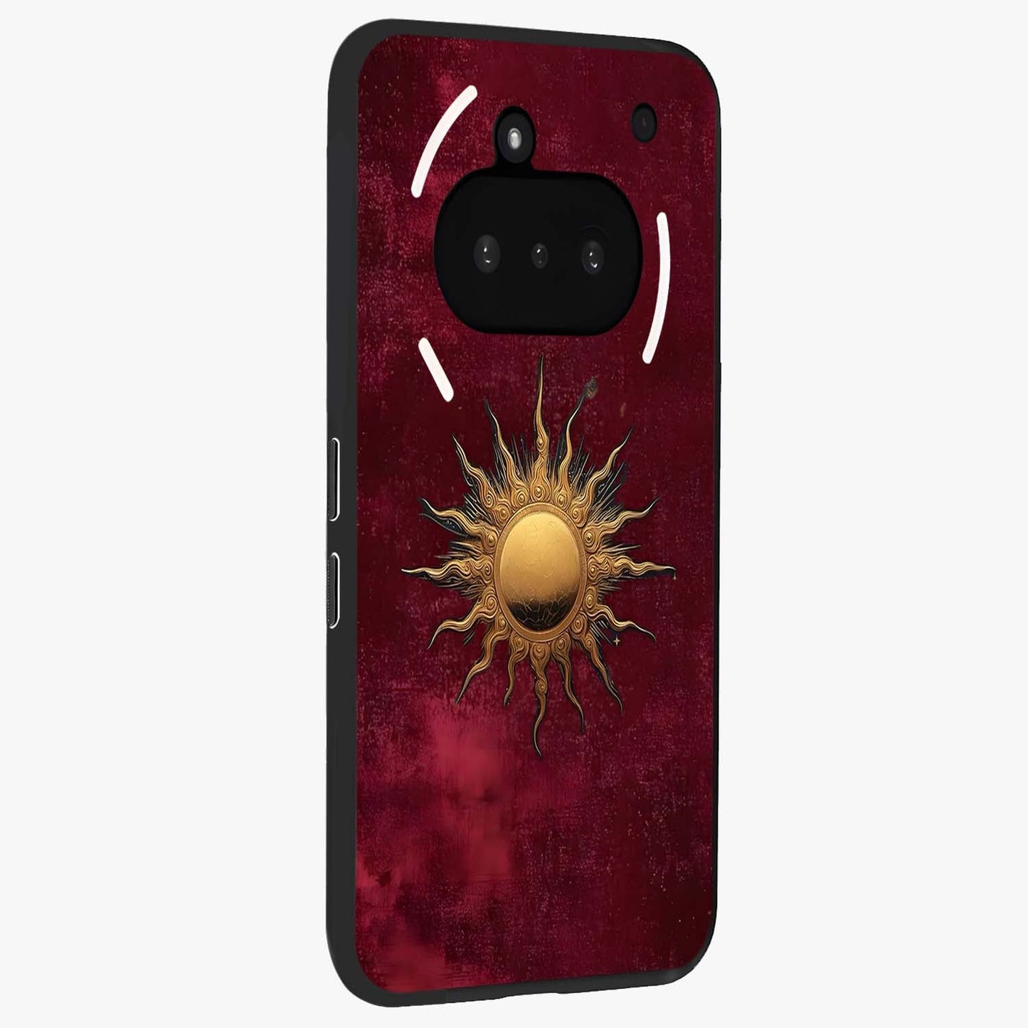Golden Sun Minimalism Glass Case upright view showcasing simple golden sun artwork with elegant minimalist style.