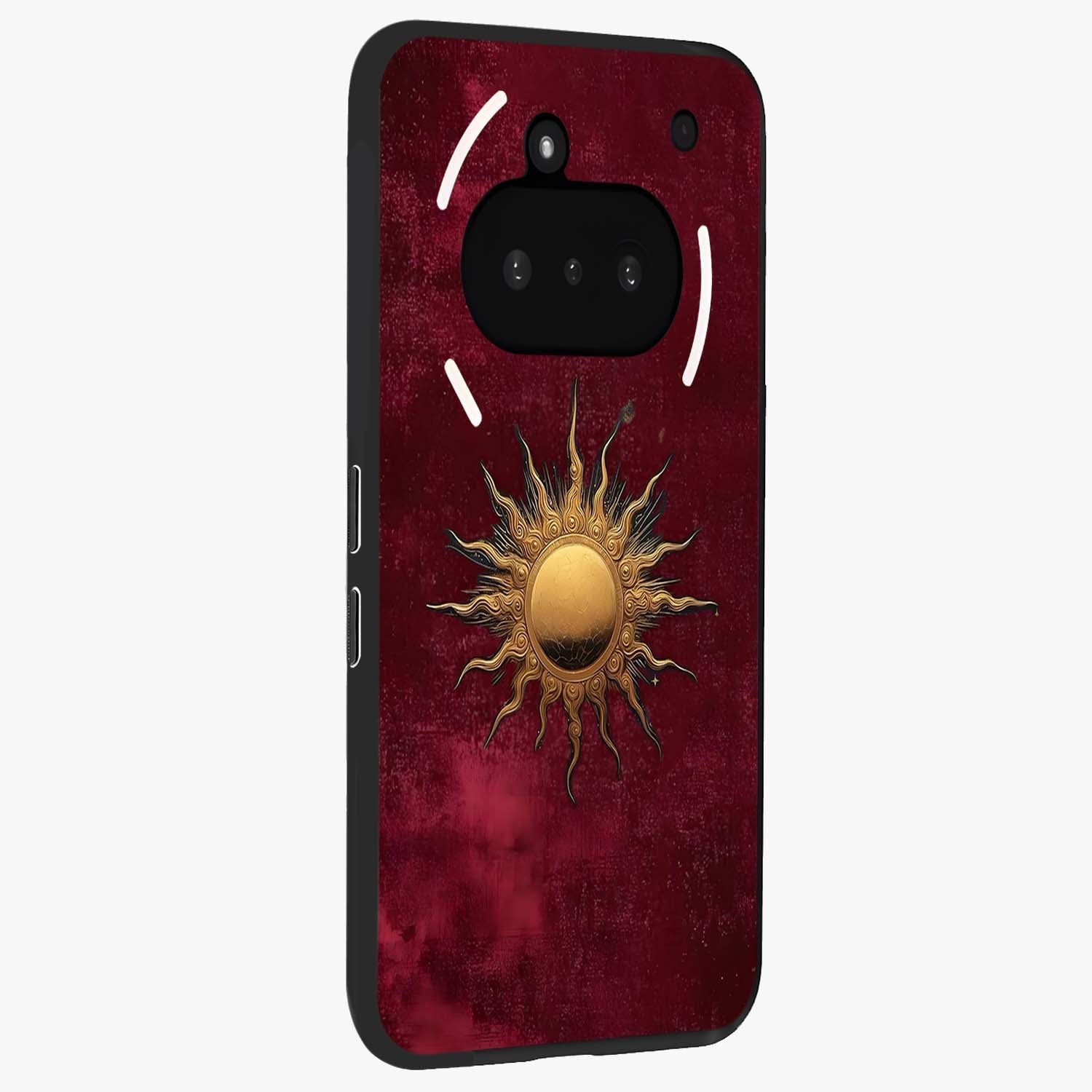 Golden Sun Minimalism Glass Case upright view showcasing simple golden sun artwork with elegant minimalist style.