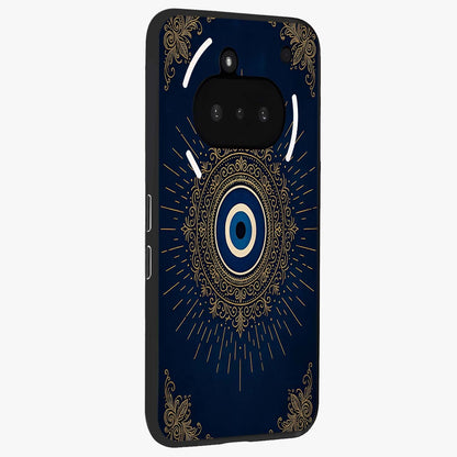Golden Celestial Charm Glass Case upright view showcasing radiant celestial artwork with elegant golden theme.