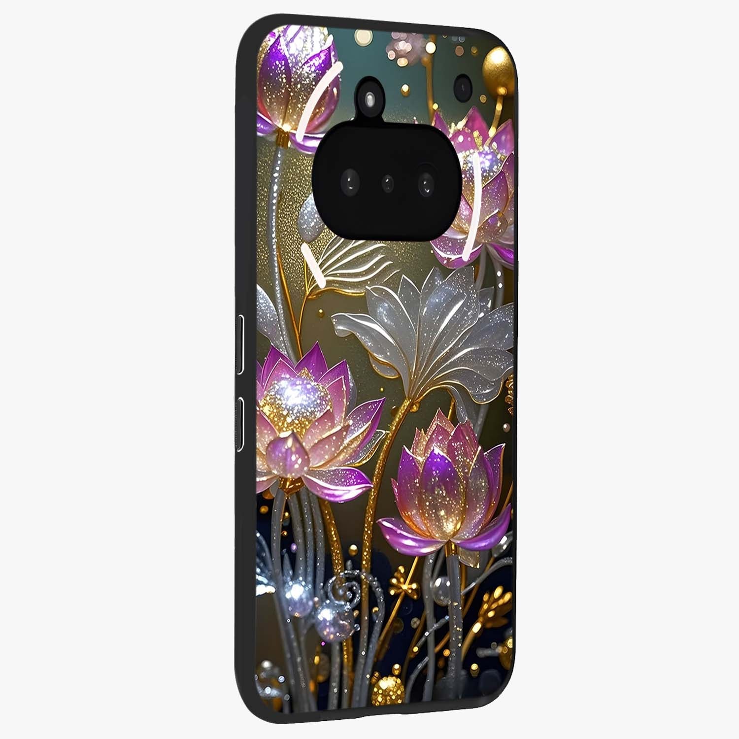 Golden Floral Majesty Glass Case upright view showcasing majestic floral artwork with rich decorative theme.