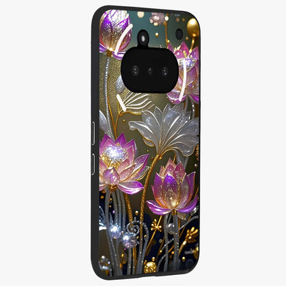 Golden Floral Majesty Glass Case upright view showcasing majestic floral artwork with rich decorative theme.