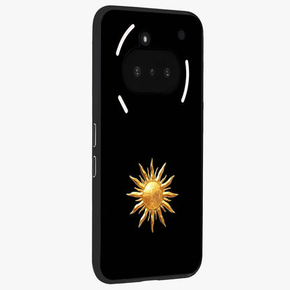 Golden Sun Minimalism Glass Case upright view showcasing haunting graveyard artwork with dramatic dark theme.
