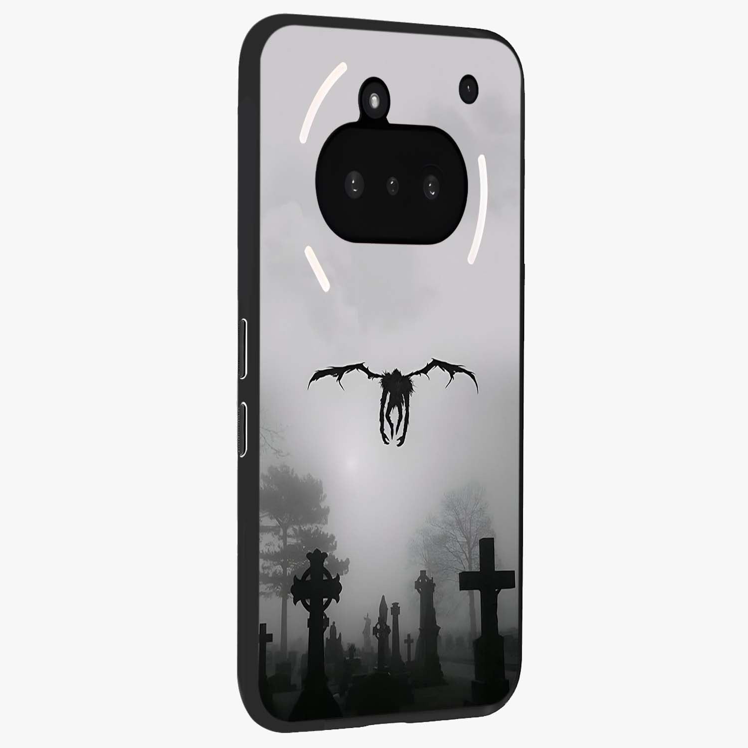 Graveyard Shadow Descent Glass Case upright view showcasing haunting graveyard artwork with dramatic dark theme.