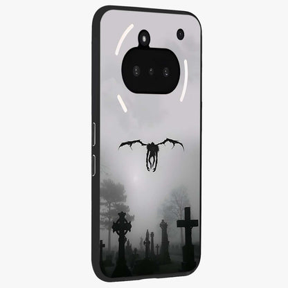 Graveyard Shadow Descent Glass Case upright view showcasing haunting graveyard artwork with dramatic dark theme.