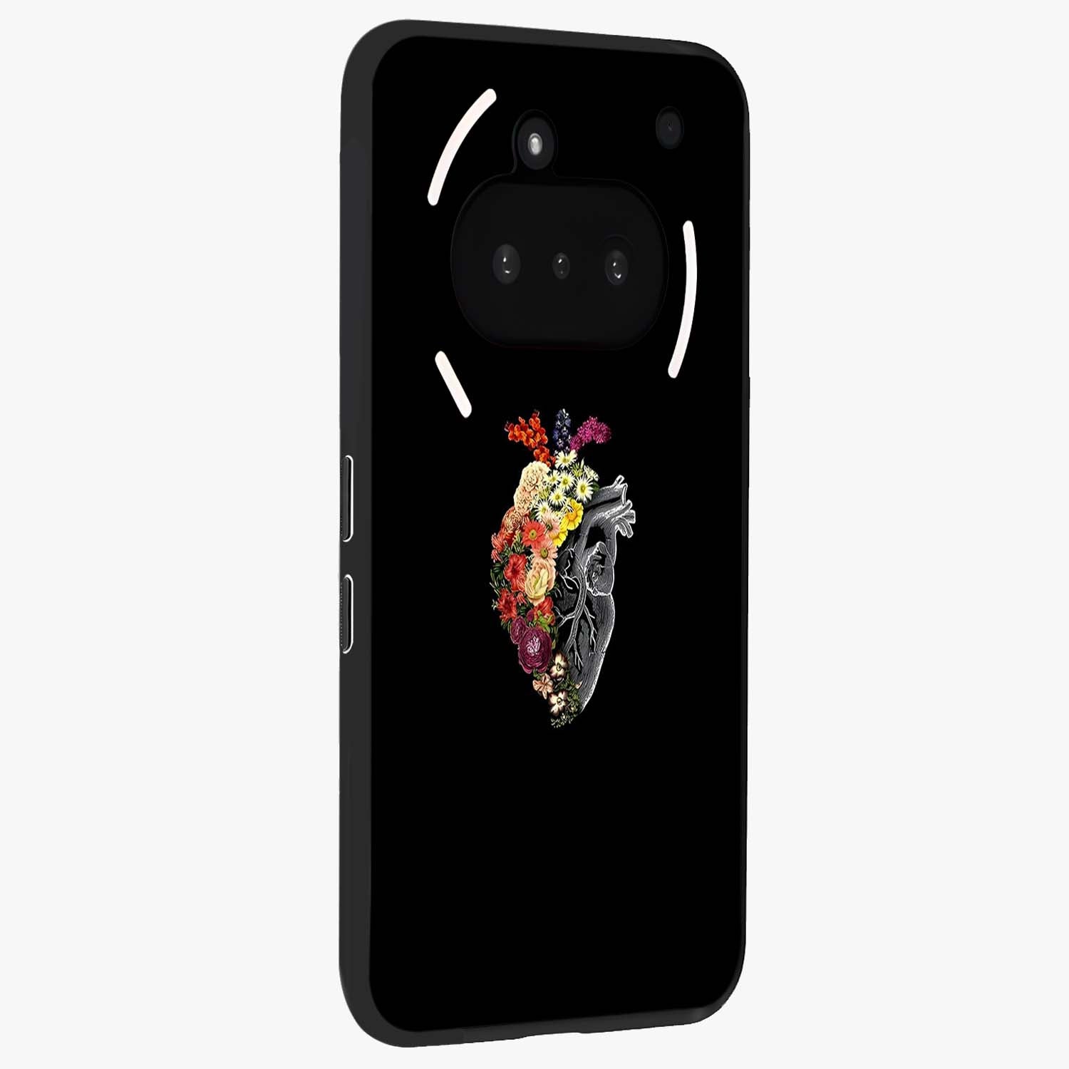 Heart With Flowers Glass Case upright view showcasing decorative heart and floral artwork with sweet romantic theme.