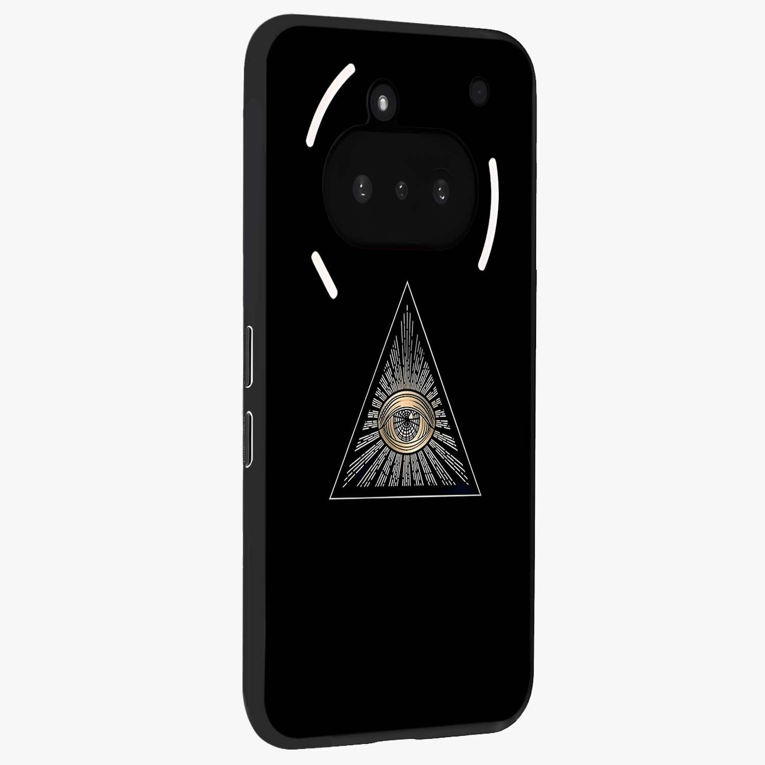 Illuminati Evil Glass Case upright view showcasing striking illuminati artwork with mysterious symbolic theme.