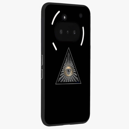 Illuminati Evil Glass Case upright view showcasing striking illuminati artwork with mysterious symbolic theme.